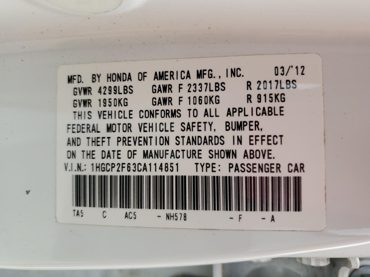 1HGCP2F63CA114851 2012 Honda Accord Se