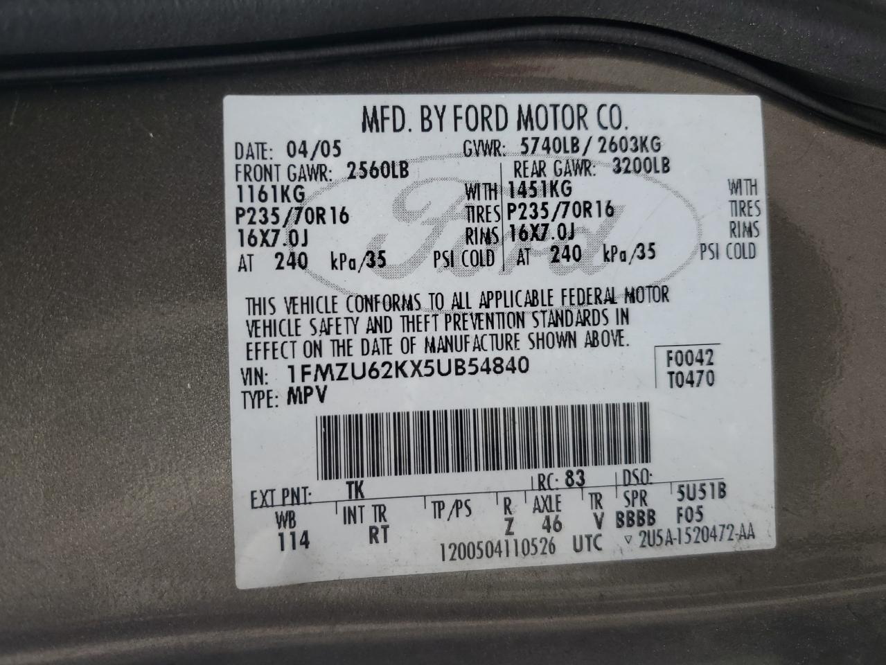 1FMZU62KX5UB54840 2005 Ford Explorer Xls