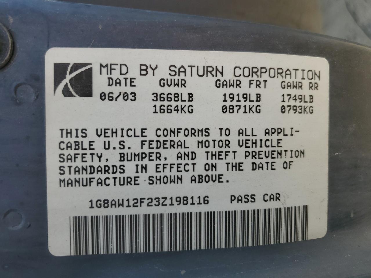 1G8AW12F23Z198116 2003 Saturn Ion Level 3