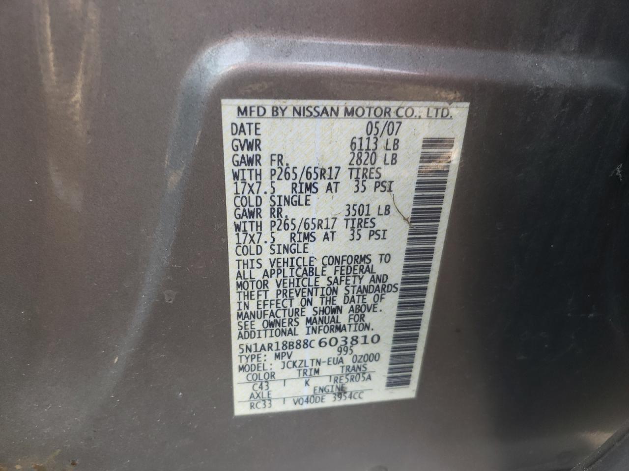 5N1AR18B88C603810 2008 Nissan Pathfinder S