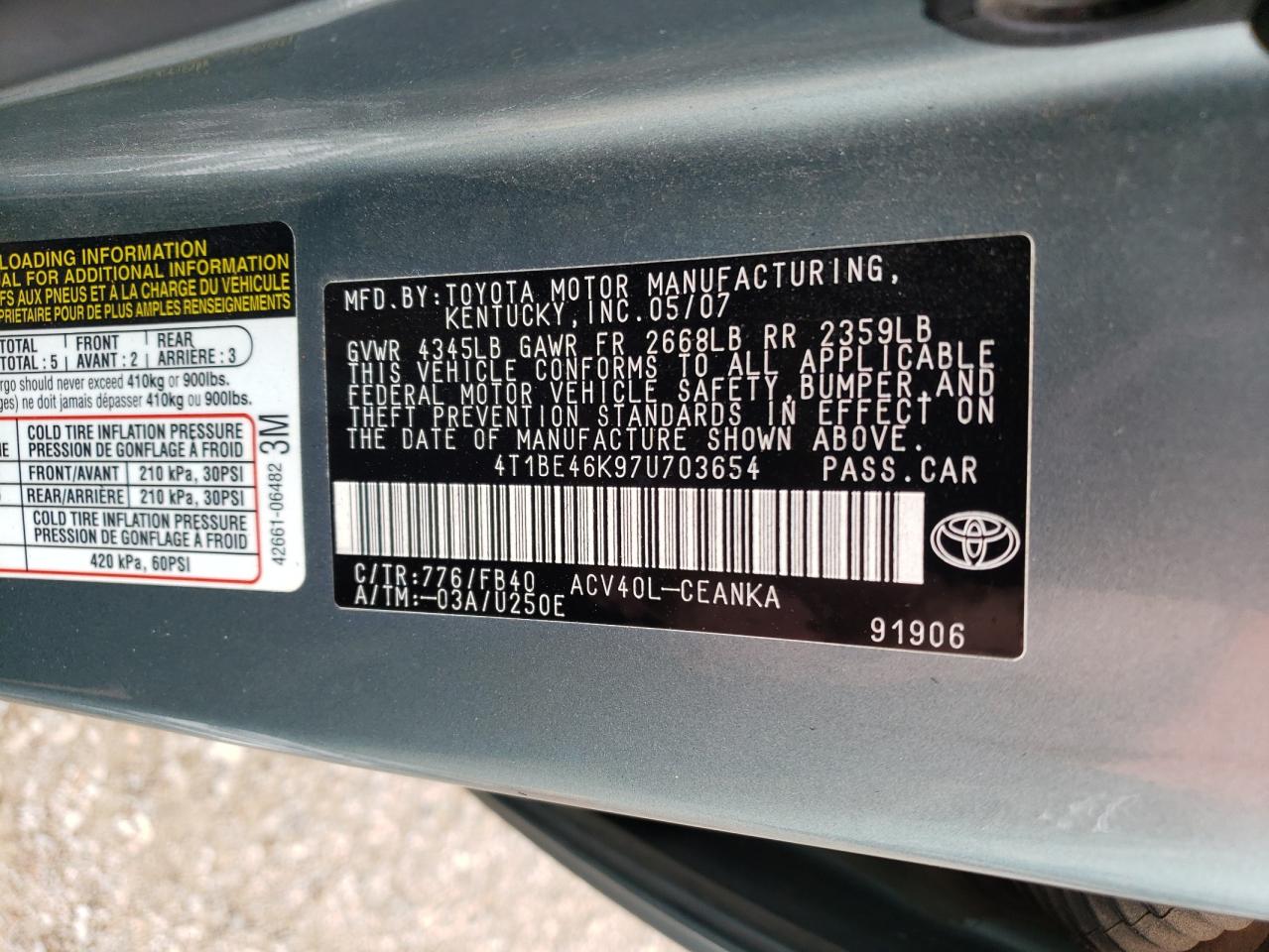 4T1BE46K97U703654 2007 Toyota Camry Ce