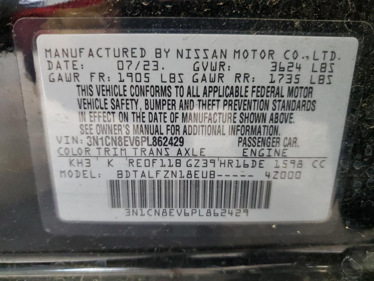 3N1CN8EV6PL862429 2023 Nissan Versa Sv