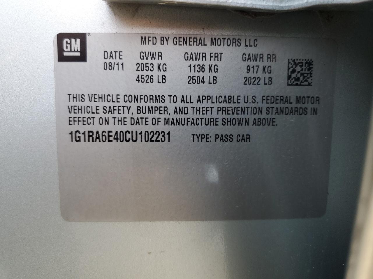 1G1RA6E40CU102231 2012 Chevrolet Volt