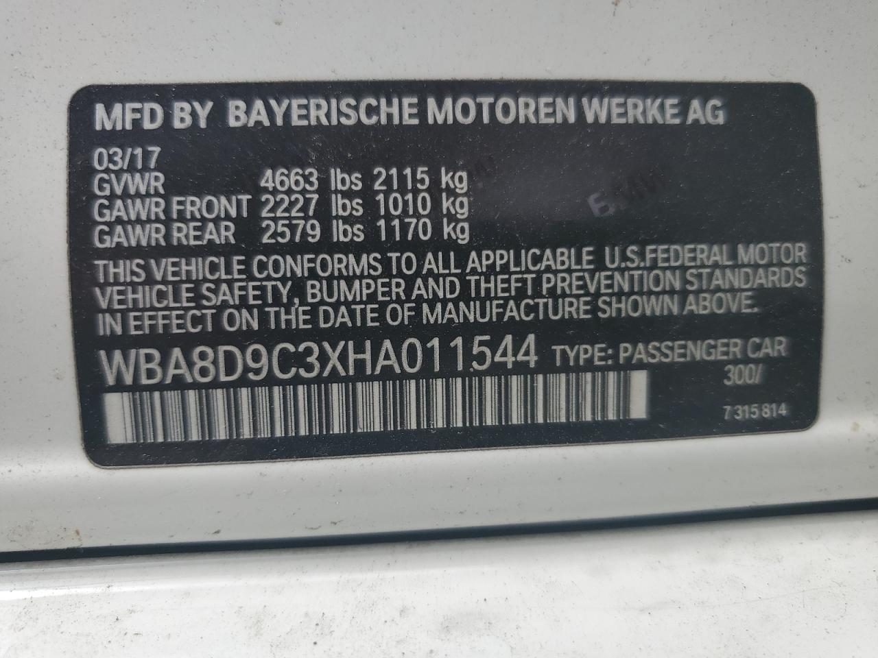 WBA8D9C3XHA011544 2017 BMW 330 Xi