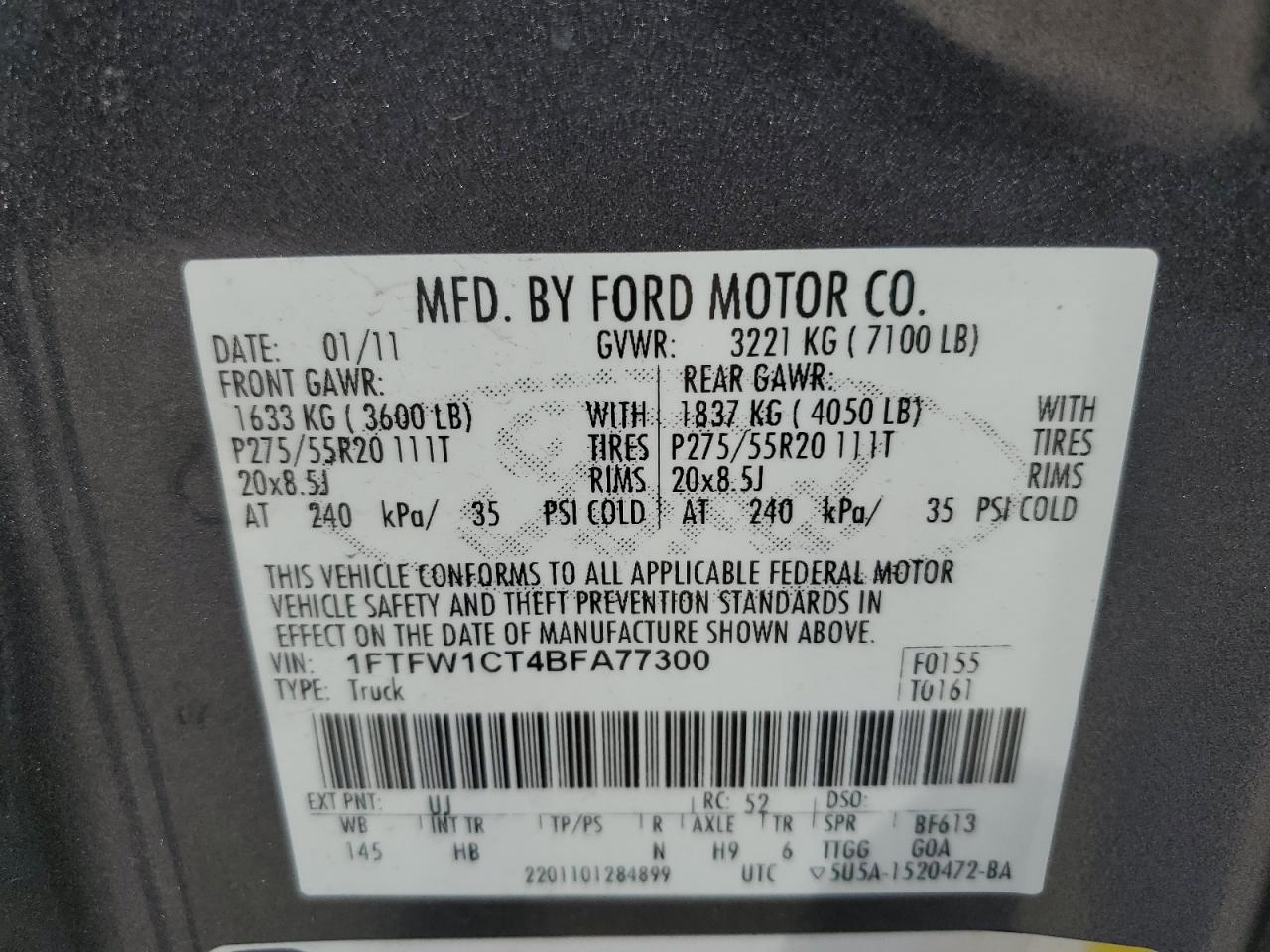 1FTFW1CT4BFA77300 2011 Ford F150 Supercrew