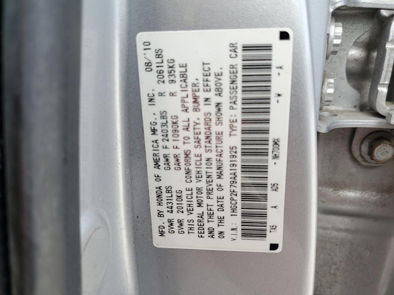 1HGCP2F79AA191925 2010 Honda Accord Ex