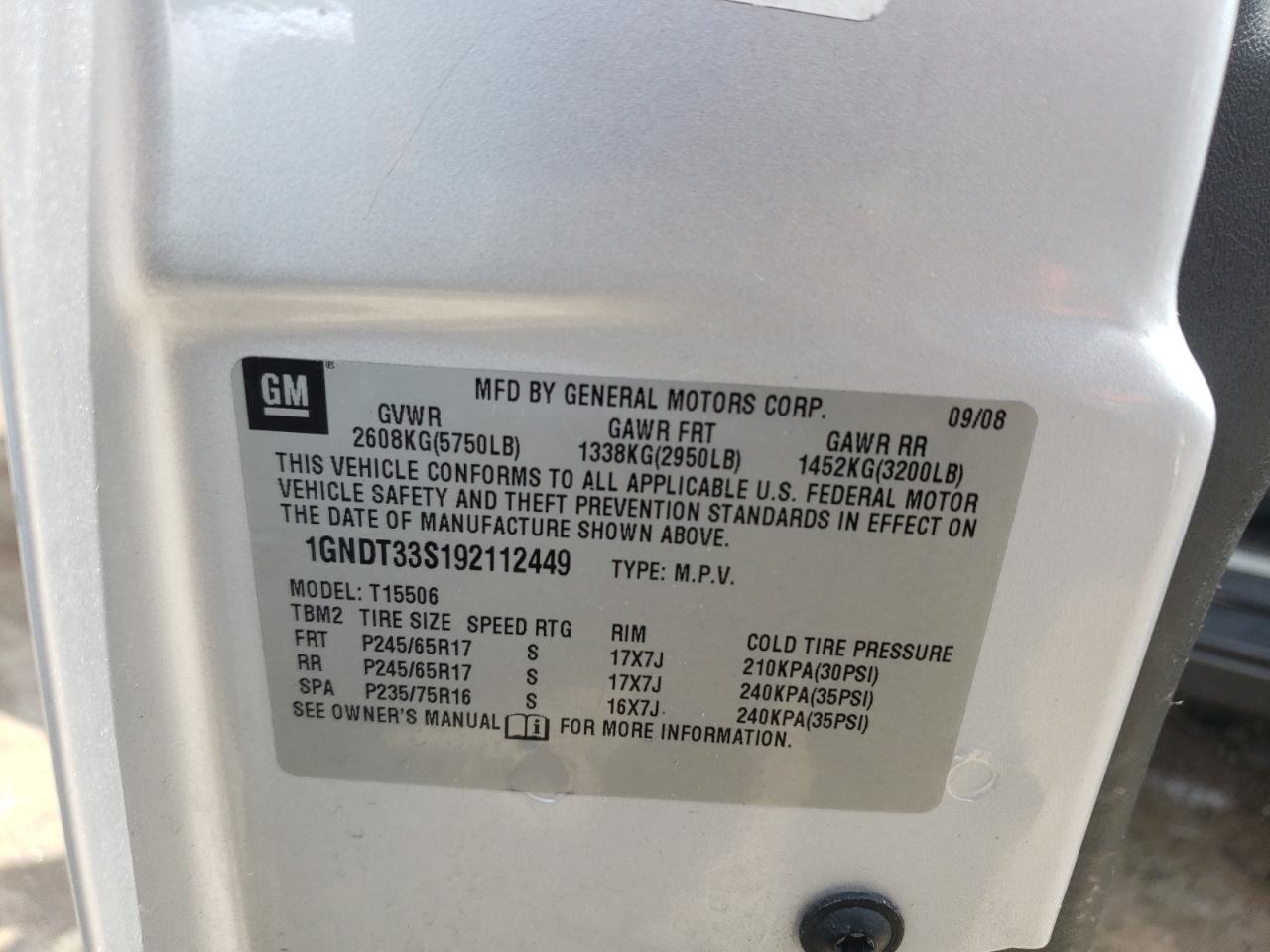 1GNDT33S192112449 2009 Chevrolet Trailblazer Lt