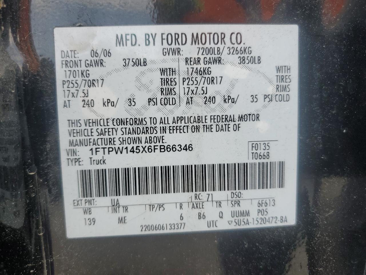 1FTPW145X6FB66346 2006 Ford F150 Supercrew