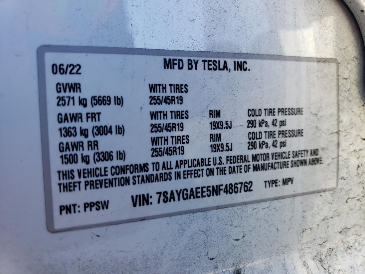 7SAYGAEE5NF486762 2022 Tesla Model Y