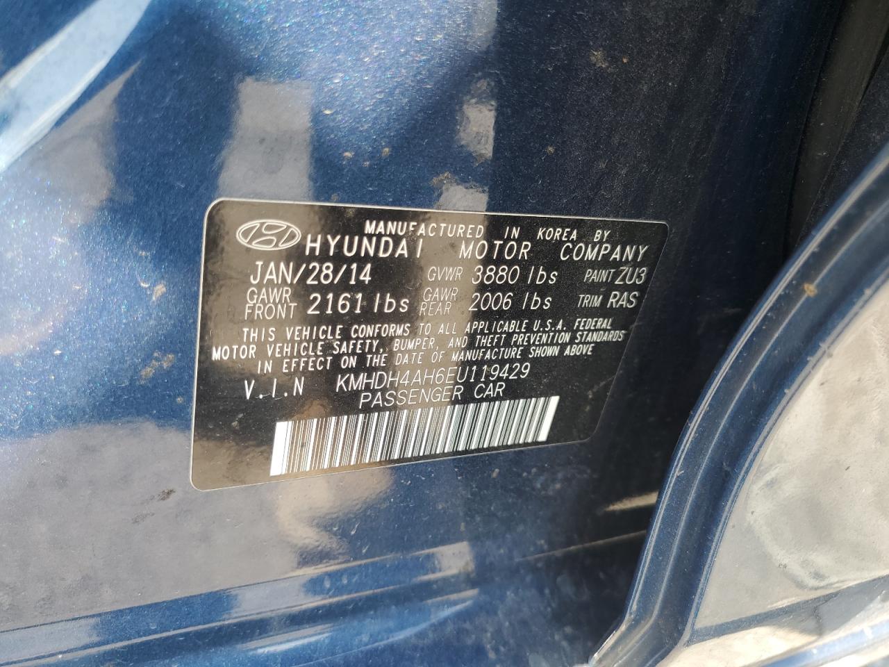 KMHDH4AH6EU119429 2014 Hyundai Elantra Se