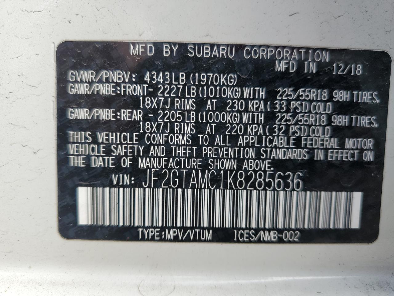 JF2GTAMC1K8285636 2019 Subaru Crosstrek Limited