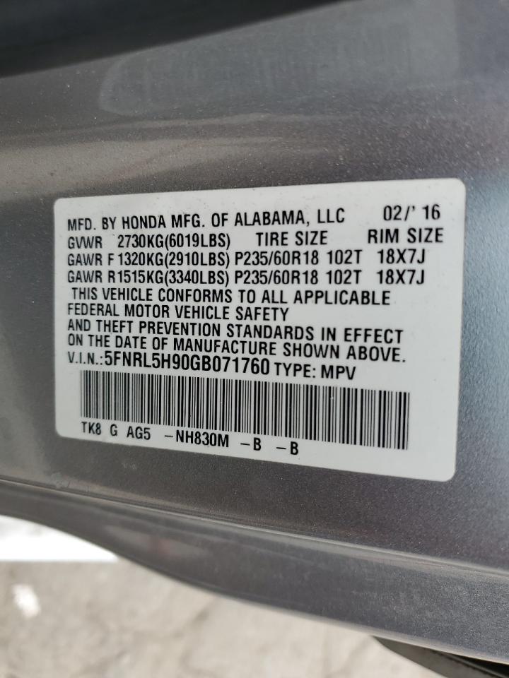 5FNRL5H90GB071760 2016 Honda Odyssey Touring