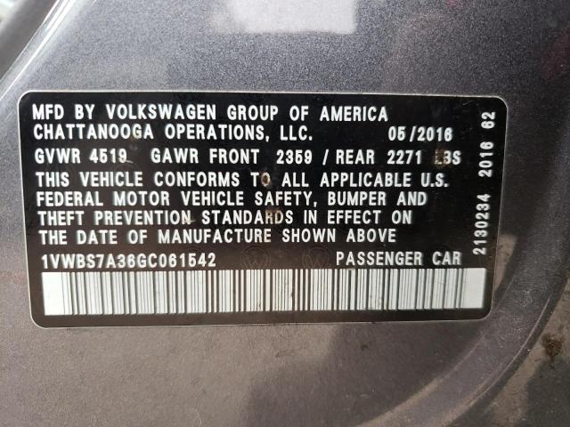 2016 VOLKSWAGEN PASSAT SE - 1VWBS7A36GC061542