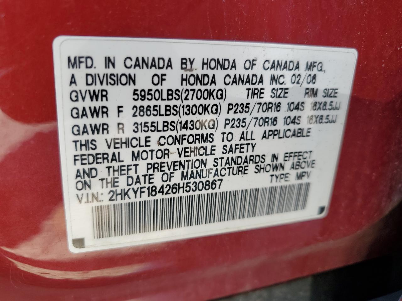 2HKYF18426H530867 2006 Honda Pilot Ex