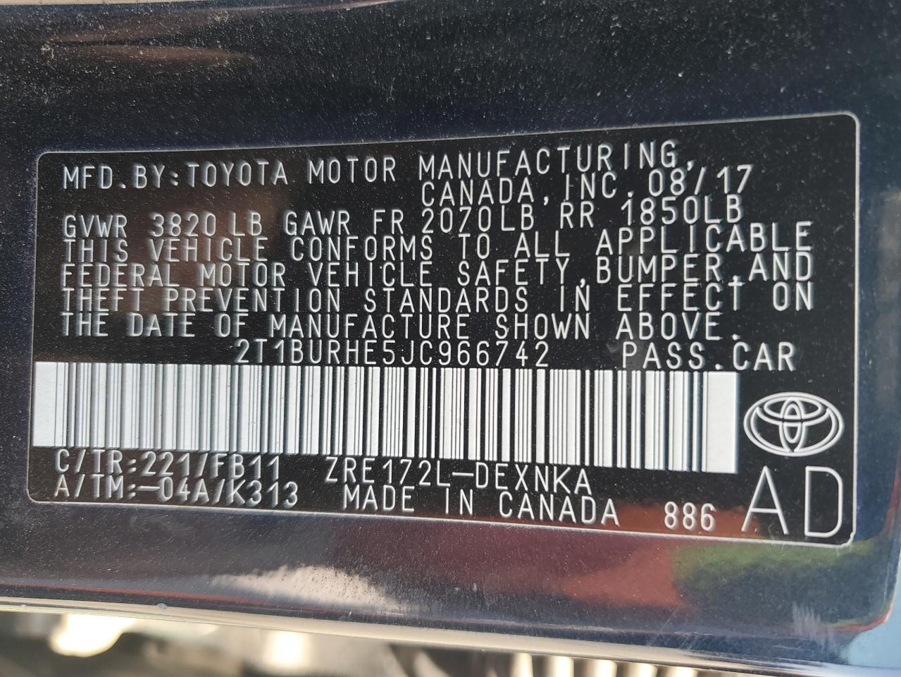 2018 Toyota Corolla L vin: 2T1BURHE5JC966742