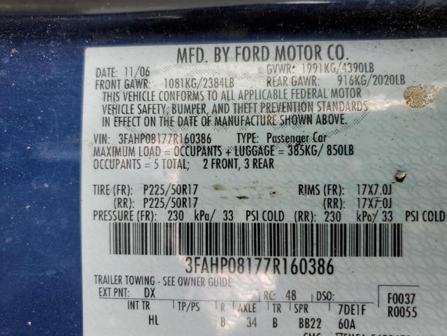 2007 Ford Fusion Sel VIN: 3FAHP08177R160386 Lot: 54995154