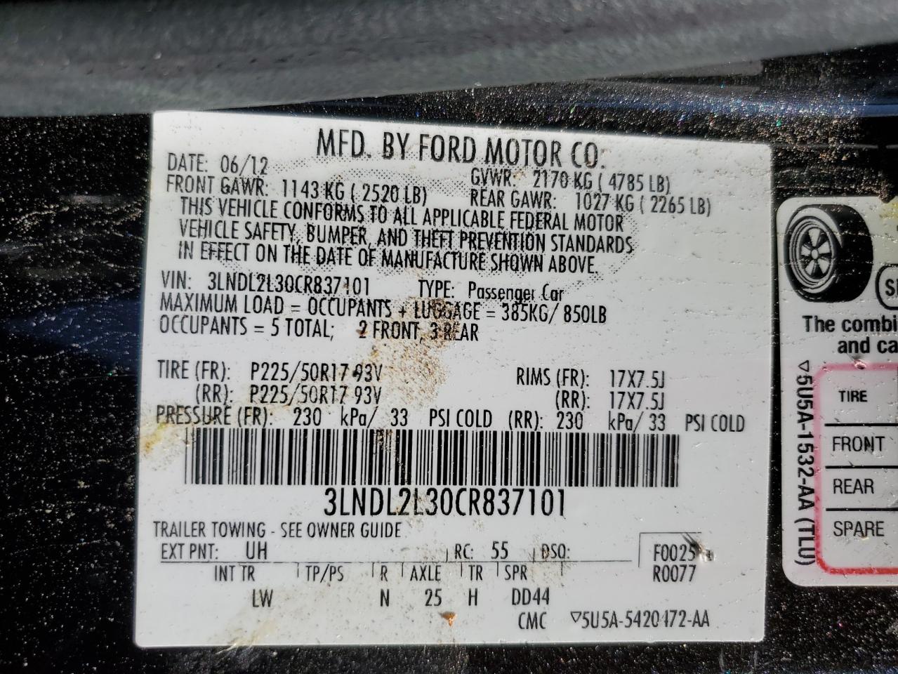 3LNDL2L30CR837101 2012 Lincoln Mkz Hybrid