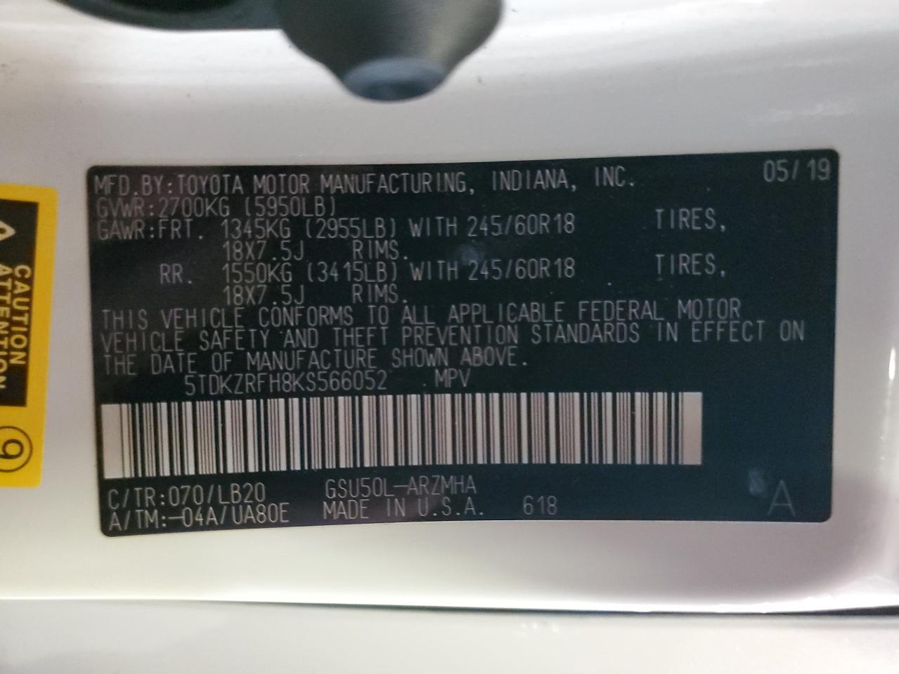 5TDKZRFH8KS566052 2019 Toyota Highlander Se