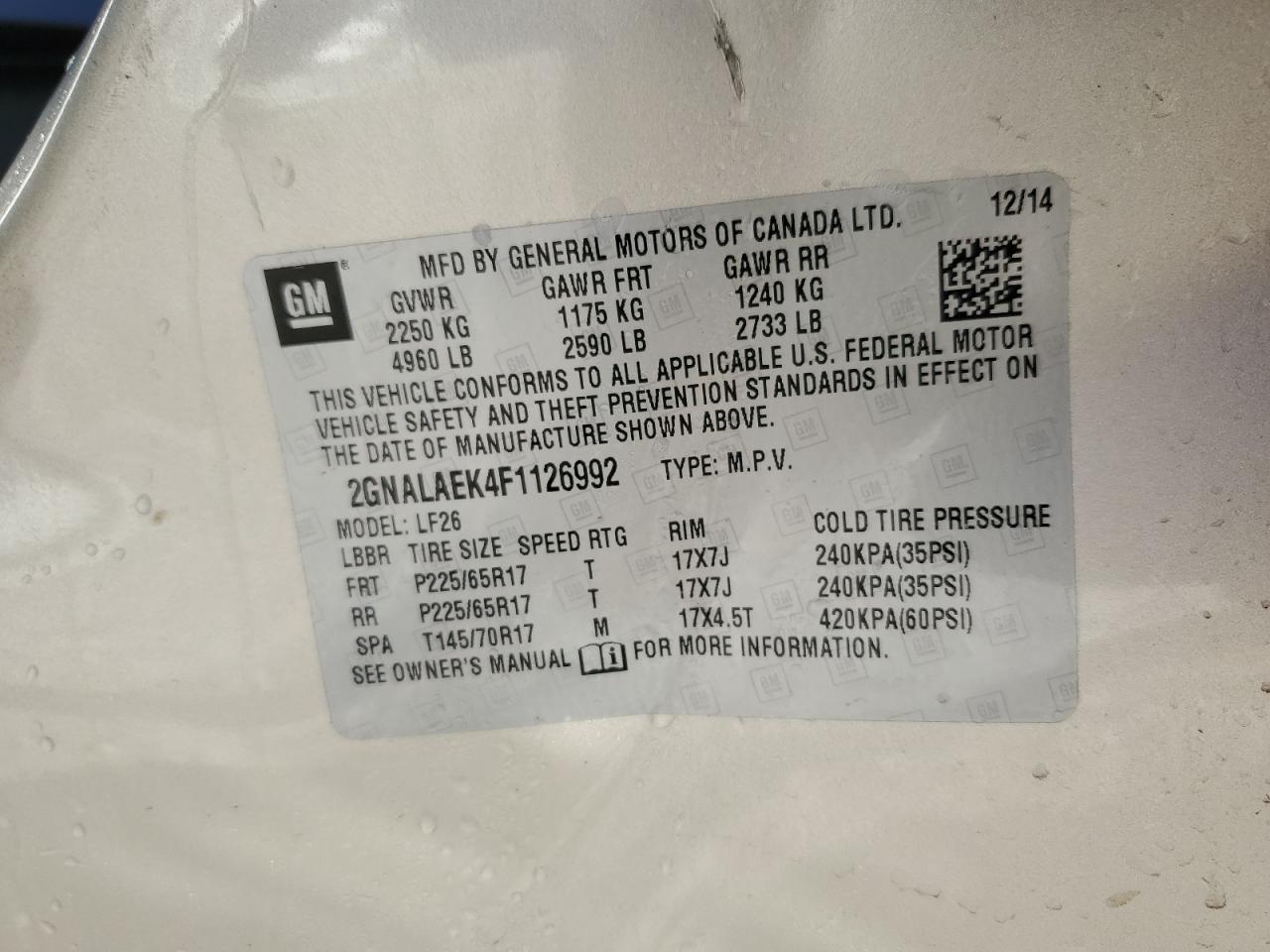 2GNALAEK4F1126992 2015 Chevrolet Equinox Ls