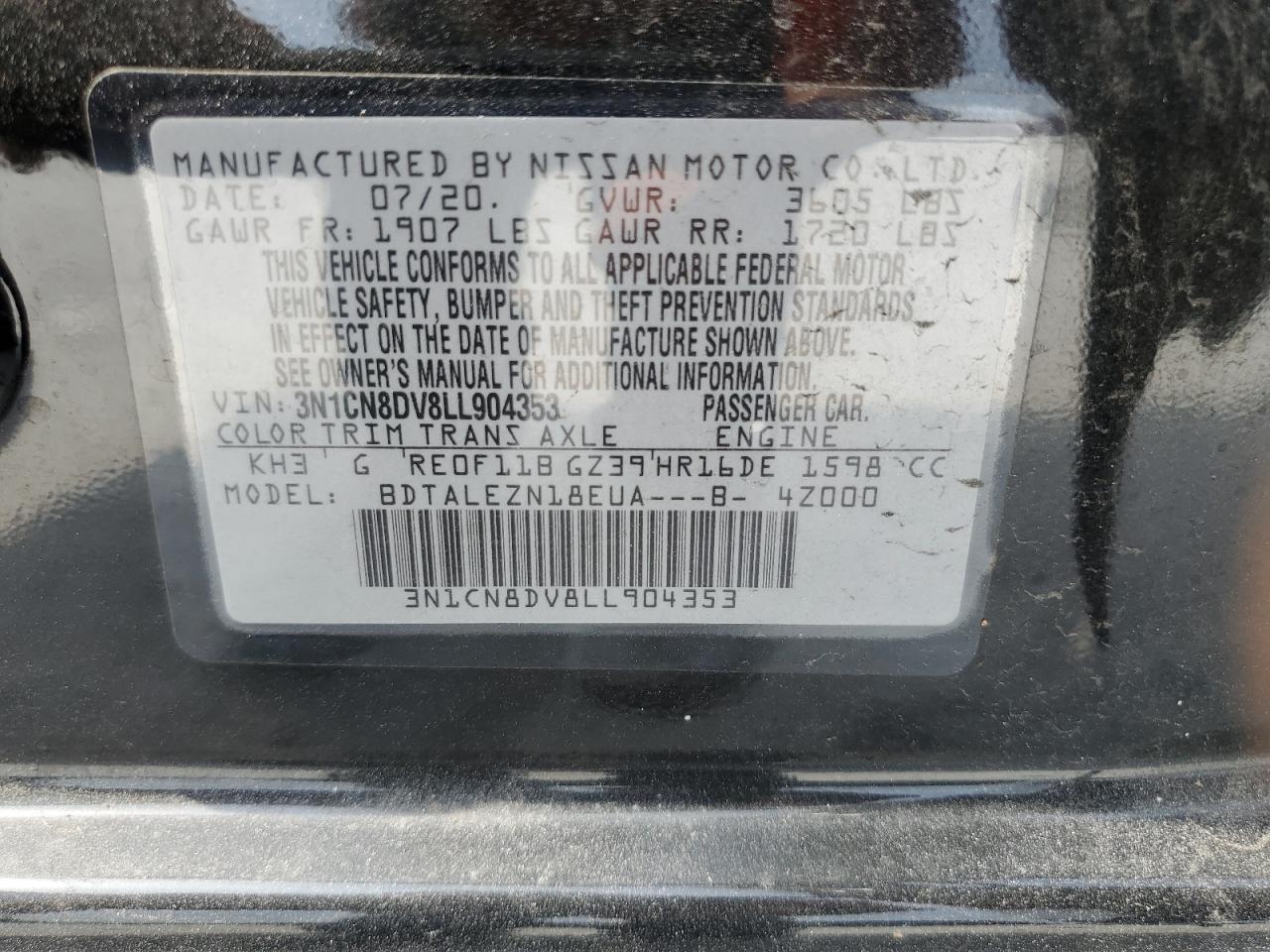 3N1CN8DV8LL904353 2020 Nissan Versa S