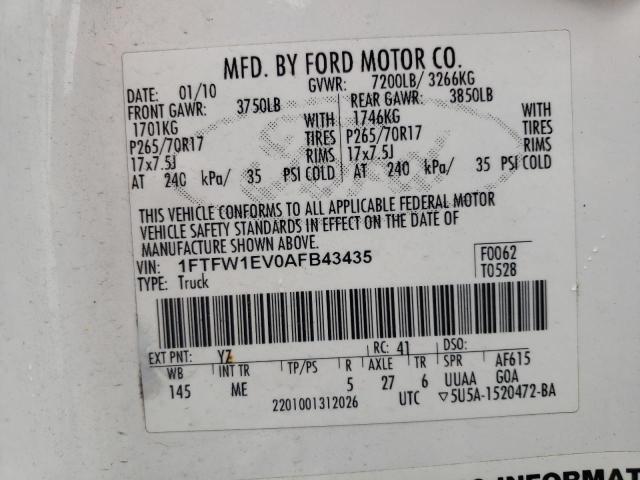 2010 Ford F150 Supercrew VIN: 1FTFW1EV0AFB43435 Lot: 56583194