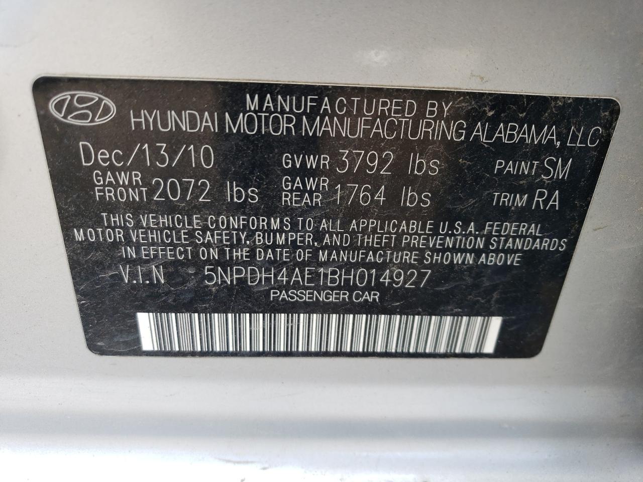 5NPDH4AE1BH014927 2011 Hyundai Elantra Gls