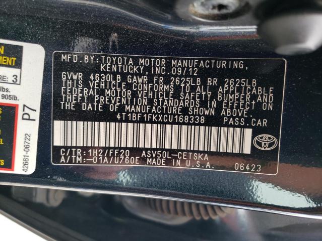 2012 Toyota Camry Base VIN: 4T1BF1FKXCU168338 Lot: 55103464