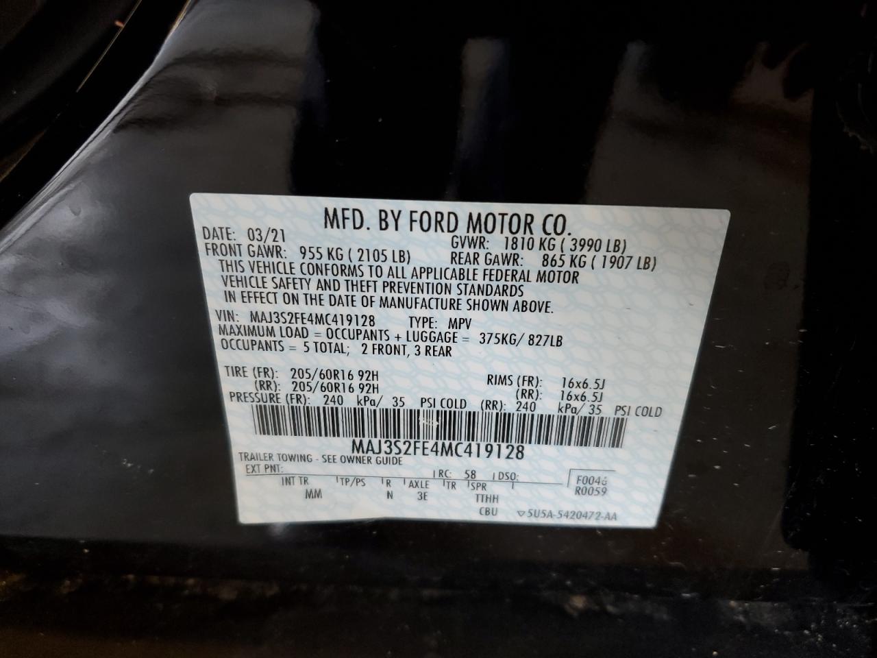 2021 Ford Ecosport S vin: MAJ3S2FE4MC419128