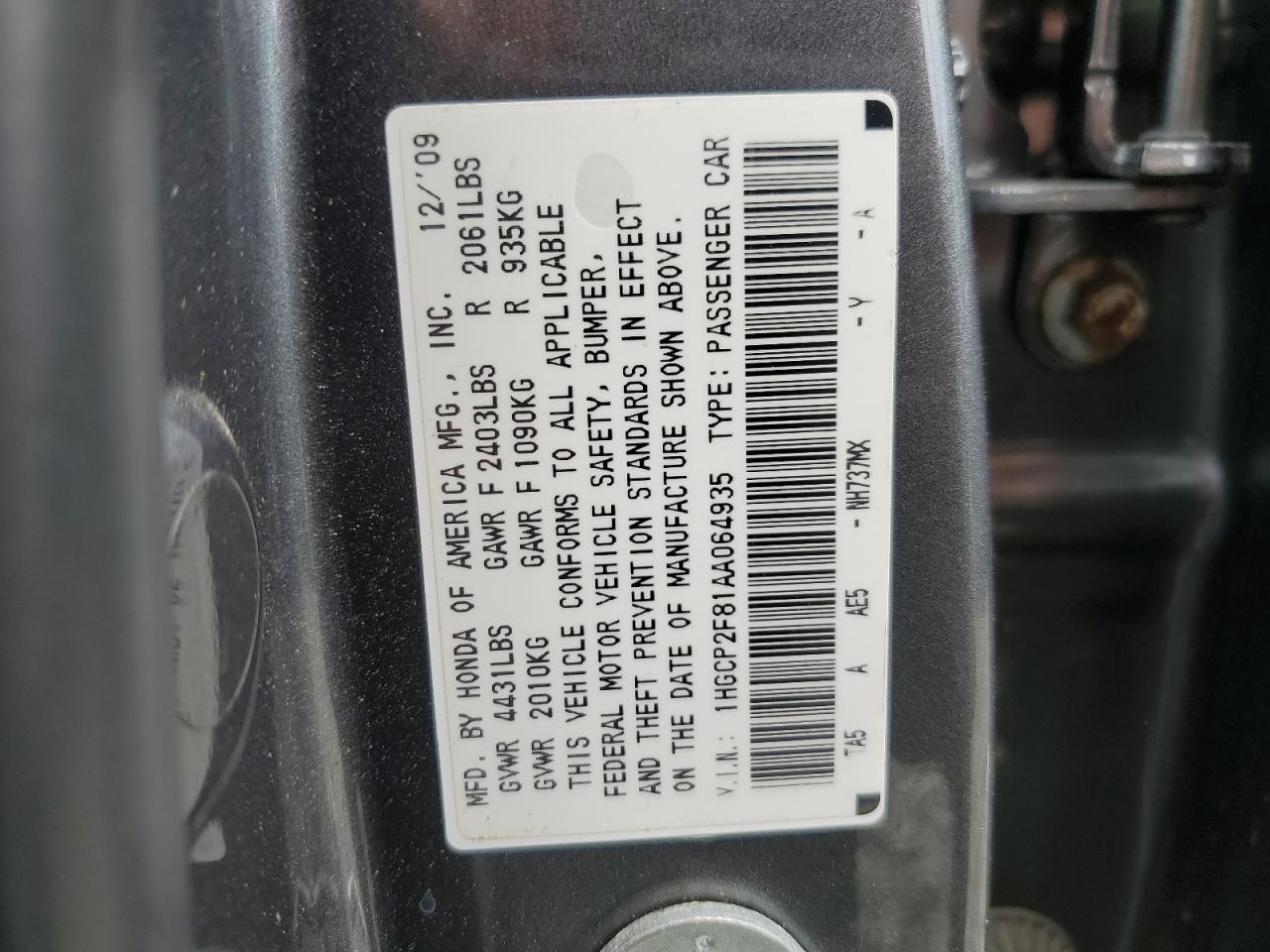 1HGCP2F81AA064935 2010 Honda Accord Exl