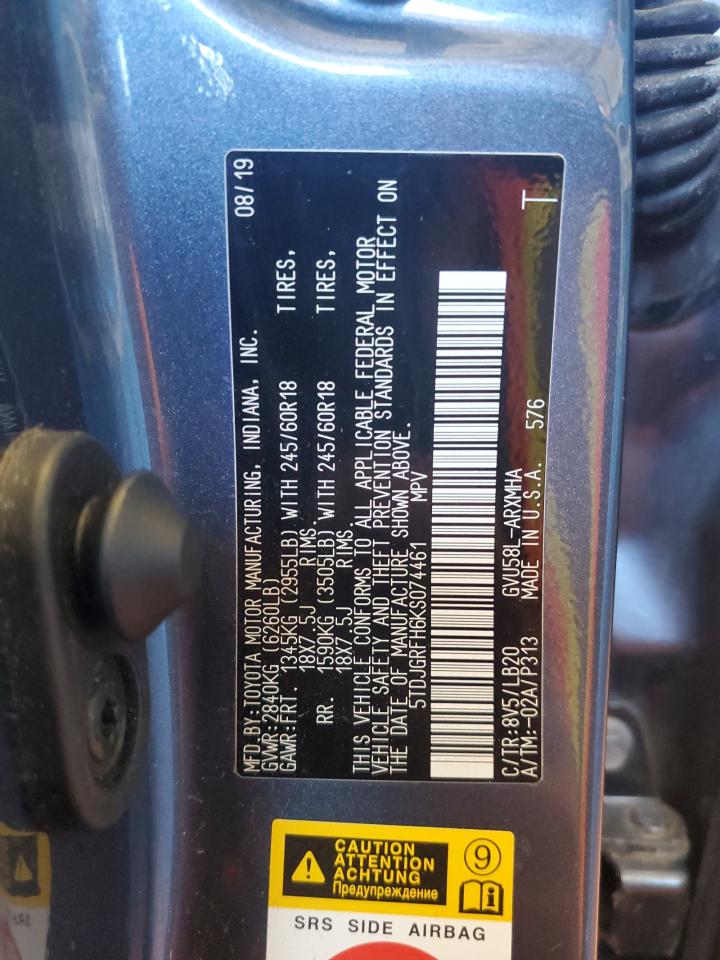 5TDJGRFH6KS074461 2019 Toyota Highlander Hybrid