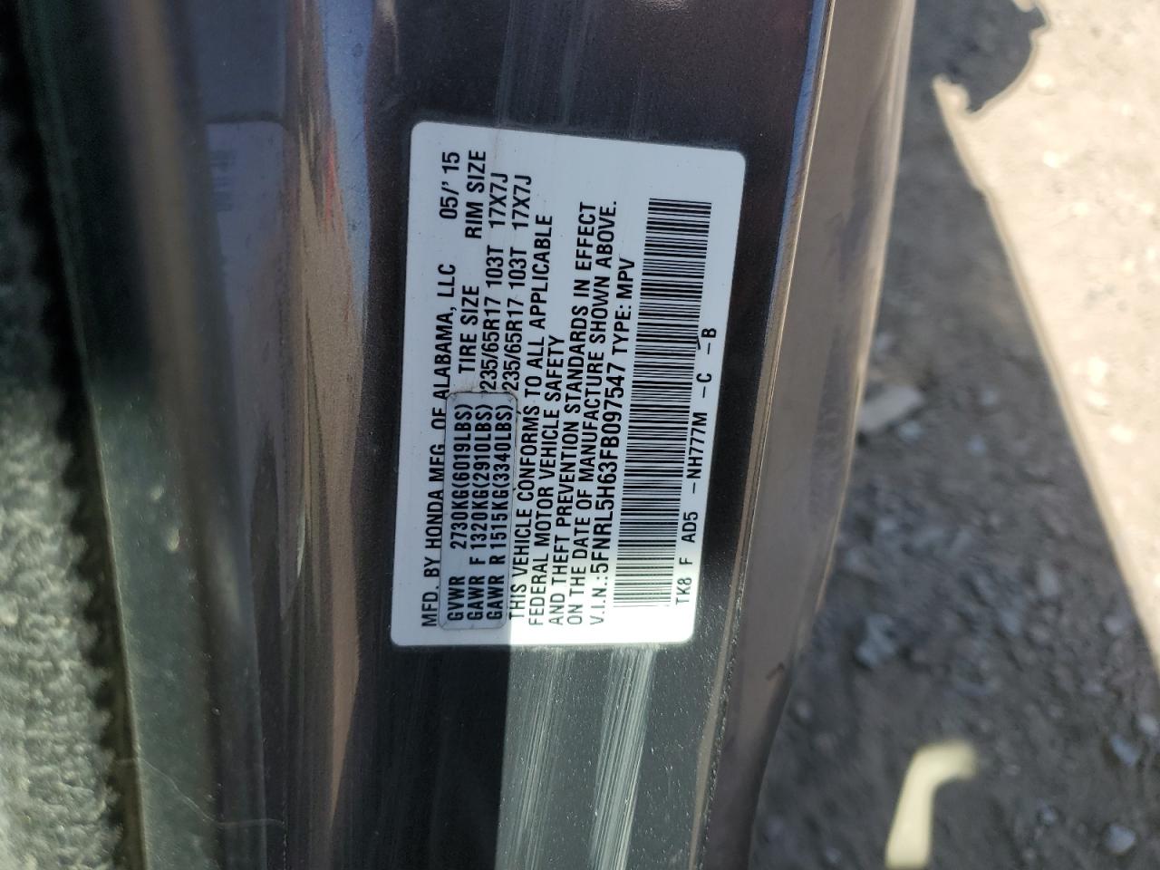 5FNRL5H63FB097547 2015 Honda Odyssey Exl