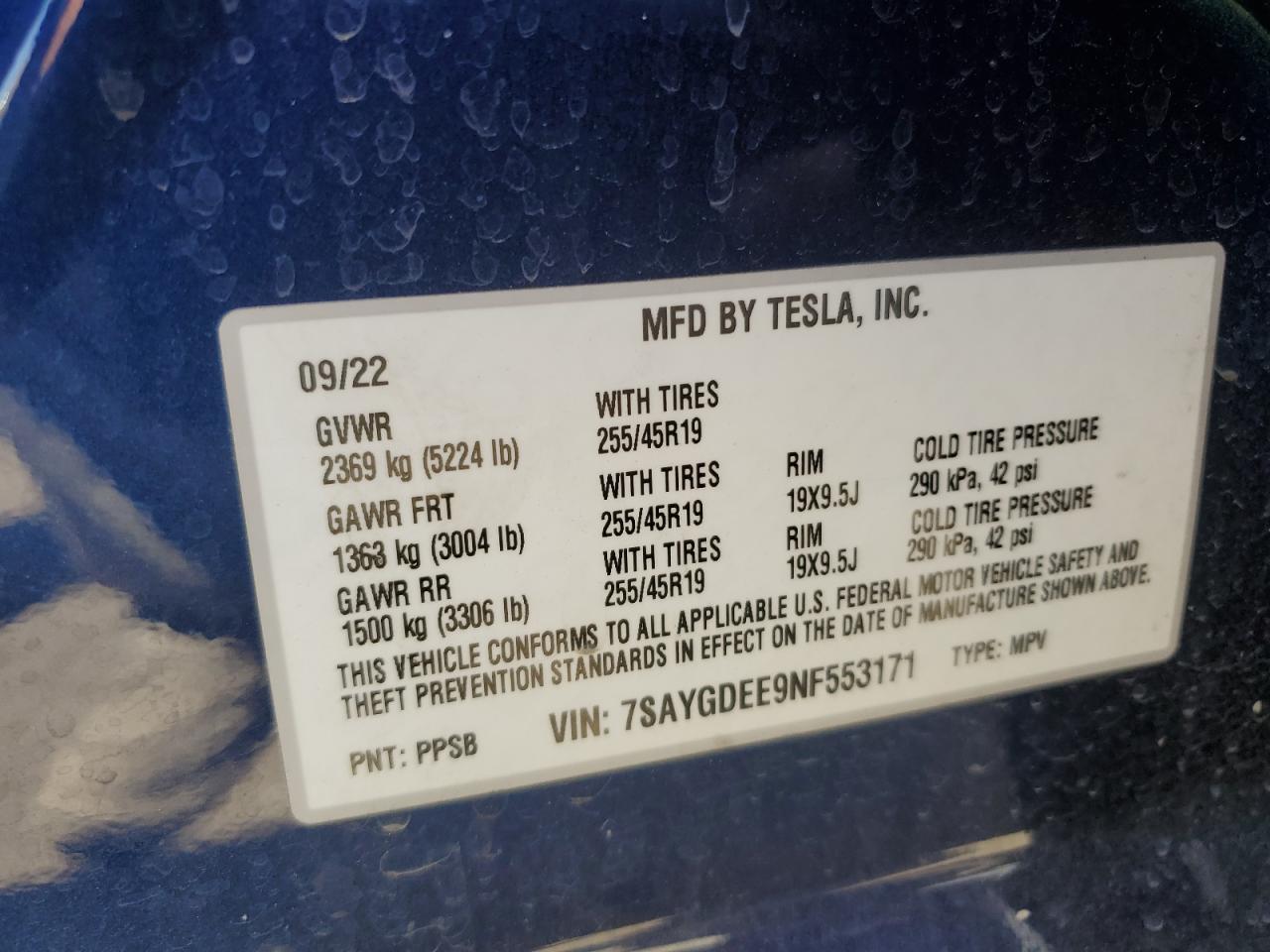 7SAYGDEE9NF553171 2022 Tesla Model Y