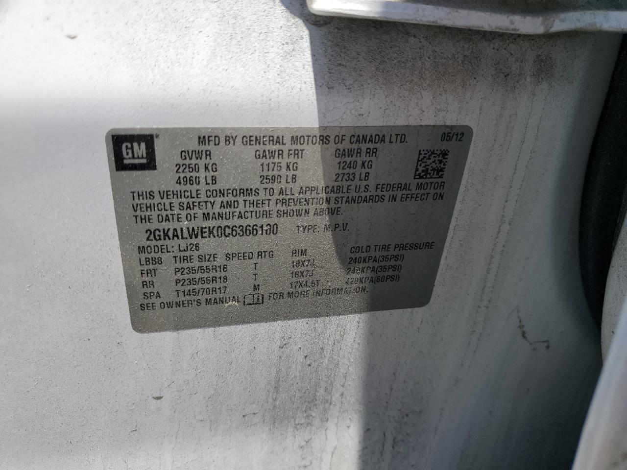 2GKALWEK0C6366100 2012 GMC Terrain Slt