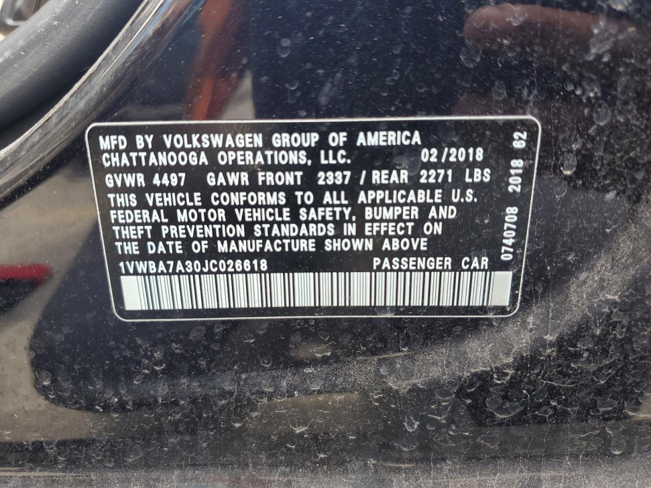 1VWBA7A30JC026618 2018 Volkswagen Passat Se