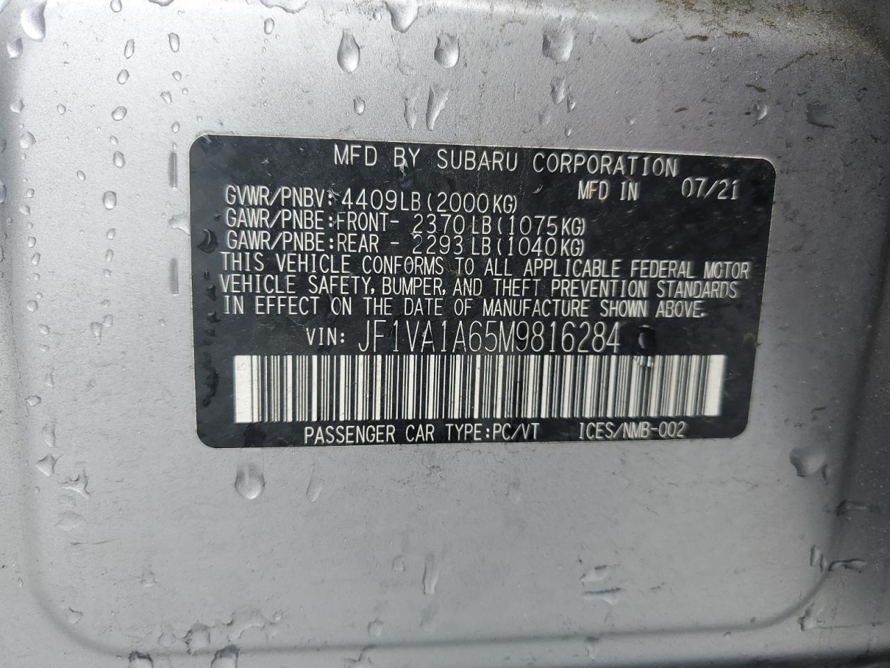 JF1VA1A65M9816284 2021 Subaru Wrx