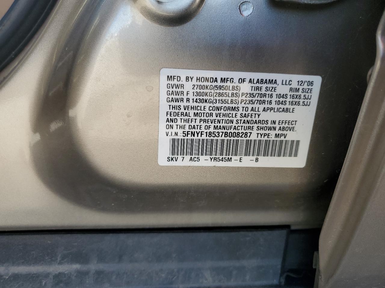 5FNYF18537B008287 2007 Honda Pilot Exl