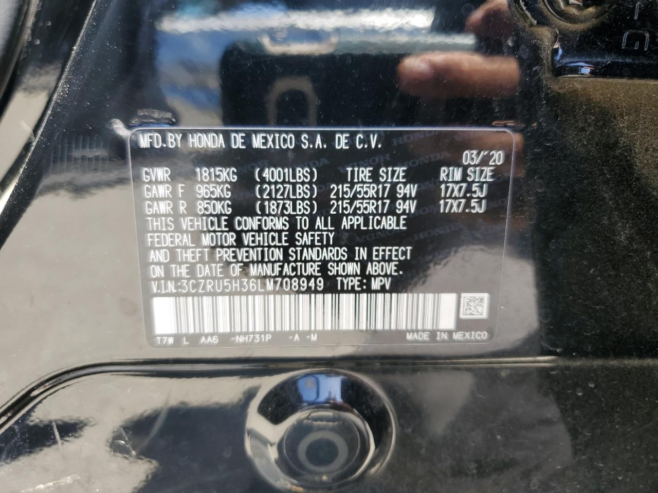 3CZRU5H36LM708949 2020 Honda Hr-V Lx