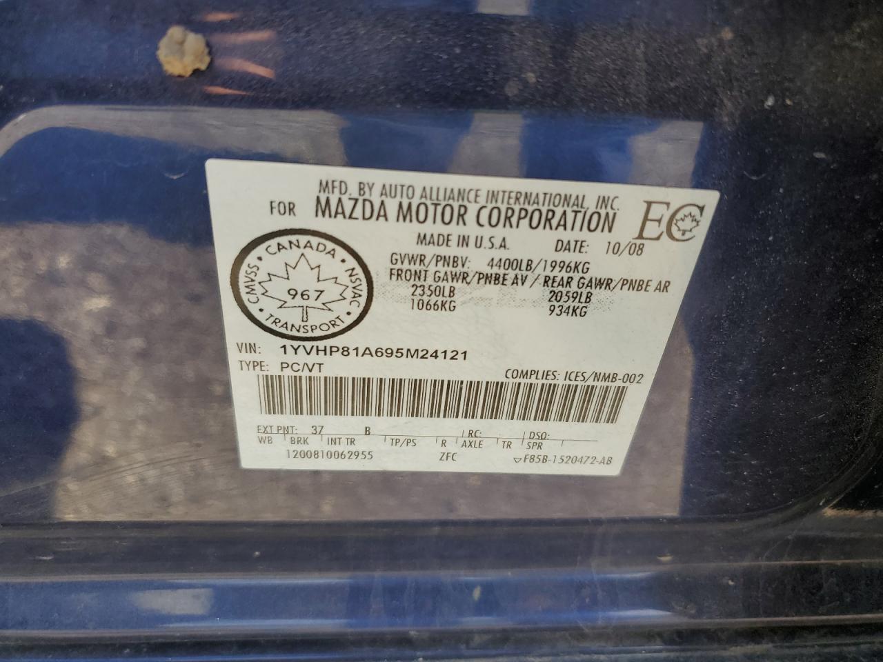 1YVHP81A695M24121 2009 Mazda 6 I