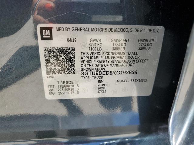 2019 GMC Sierra K1500 Slt VIN: 3GTU9DED8KG193636 Lot: 56914274