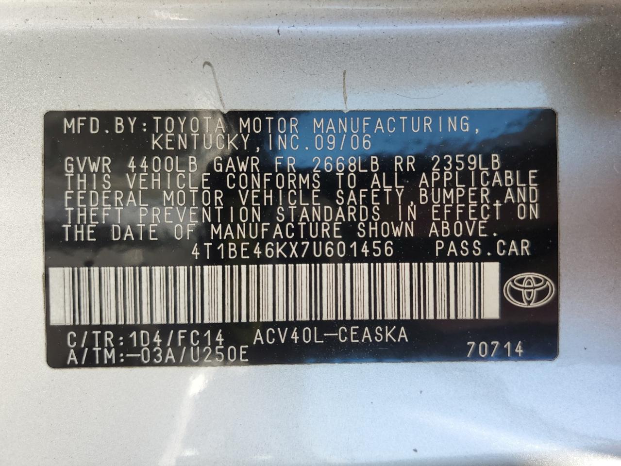 4T1BE46KX7U601456 2007 Toyota Camry Ce