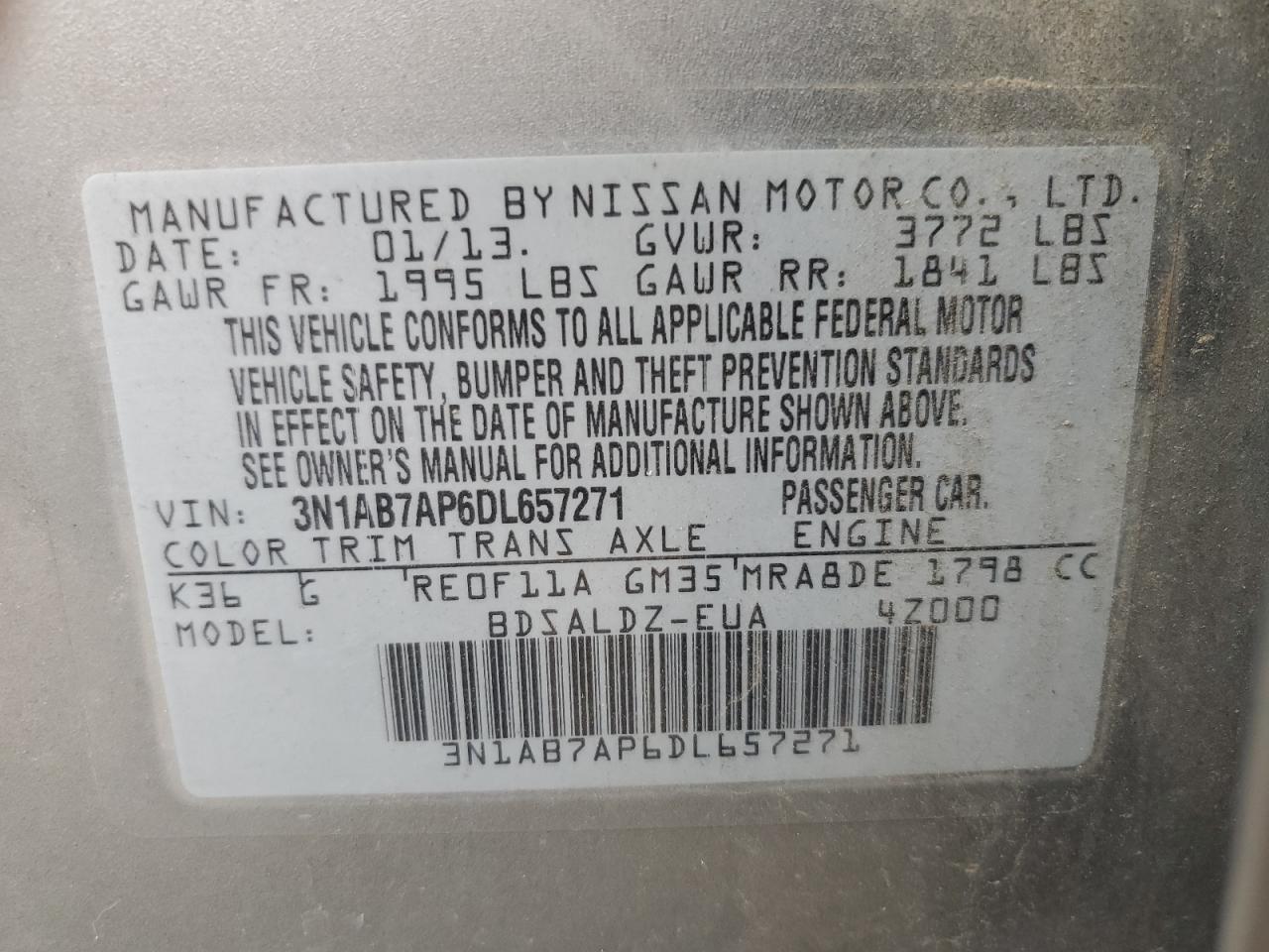 3N1AB7AP6DL657271 2013 Nissan Sentra S