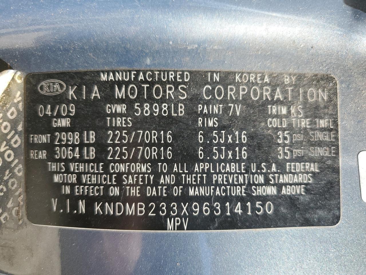 KNDMB233X96314150 2009 Kia Sedona Ex