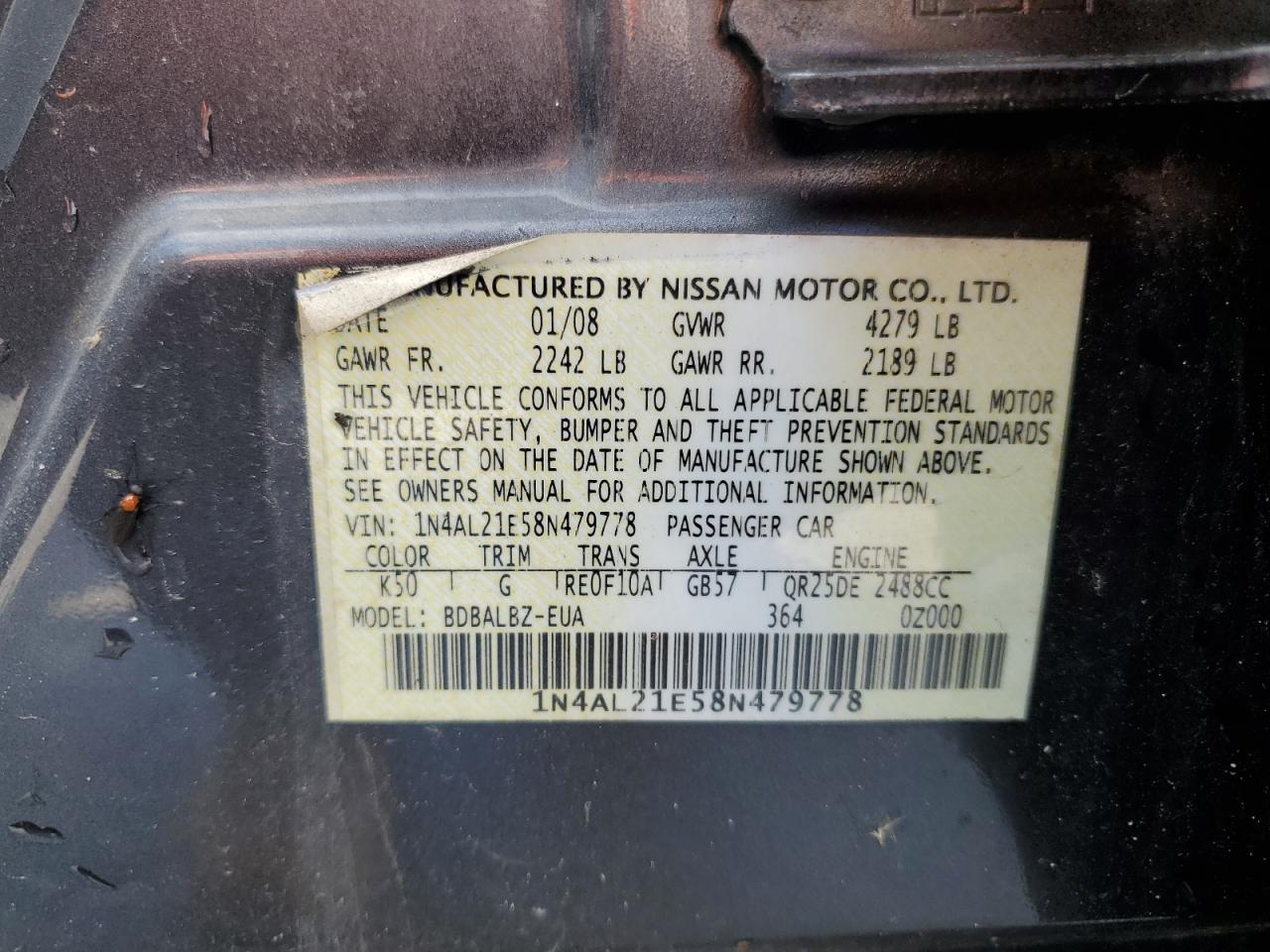 1N4AL21E58N479778 2008 Nissan Altima 2.5