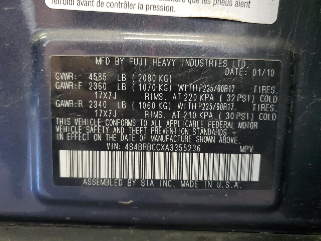 4S4BRBCCXA3355236 2010 Subaru Outback 2.5I Premium