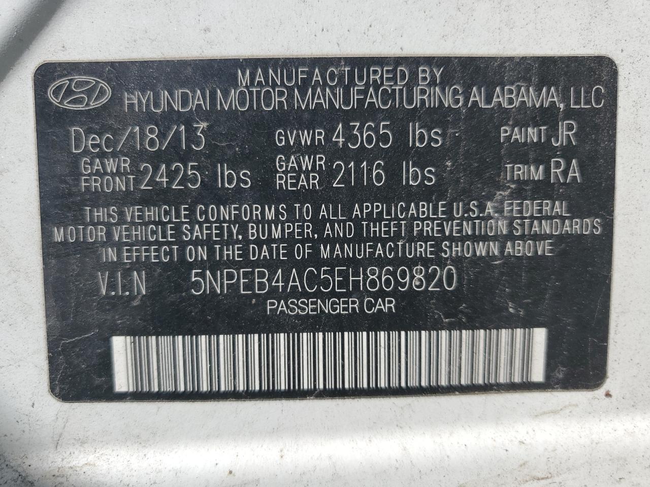 5NPEB4AC5EH869820 2014 Hyundai Sonata Gls