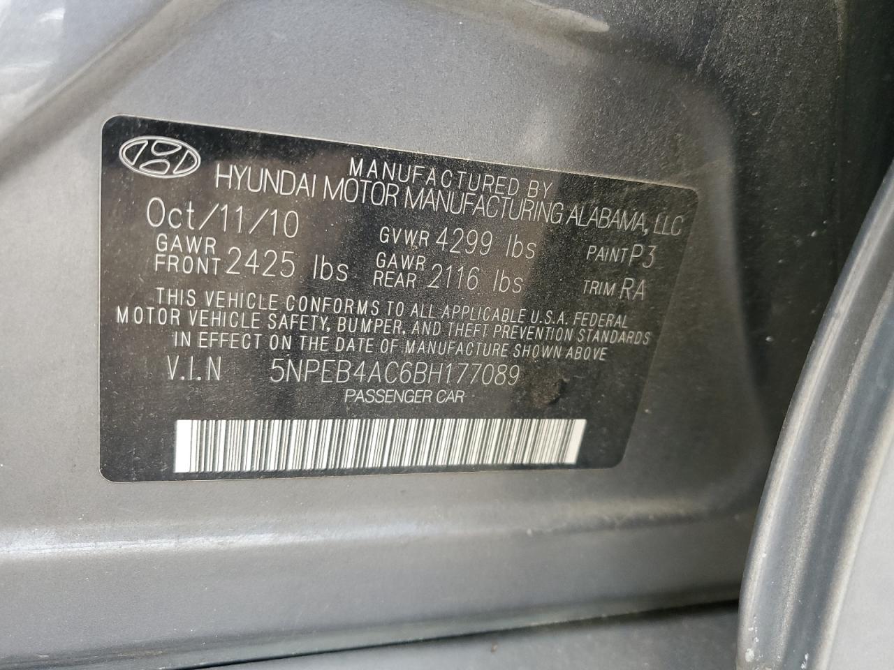 5NPEB4AC6BH177089 2011 Hyundai Sonata Gls