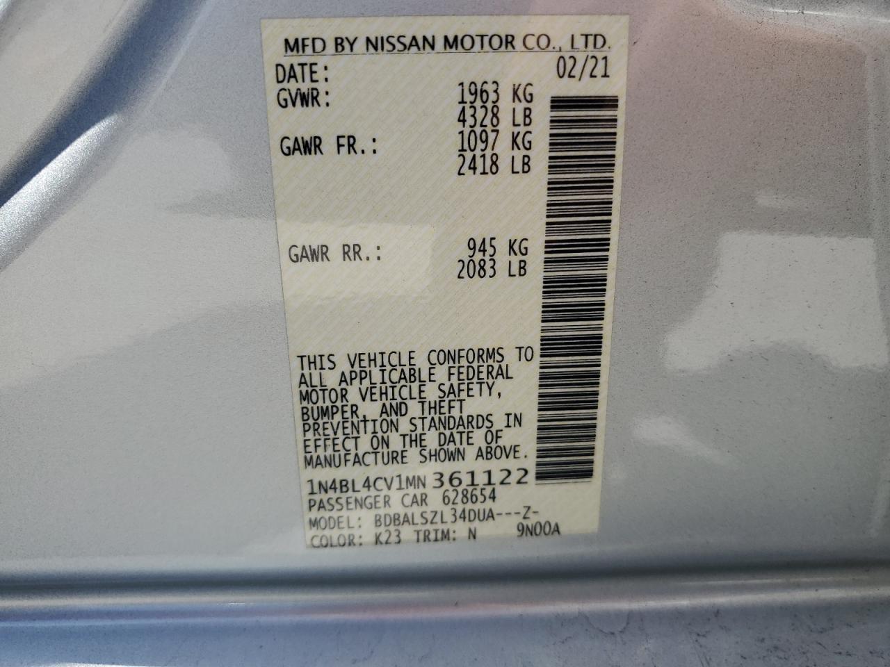 1N4BL4CV1MN361122 2021 Nissan Altima Sr