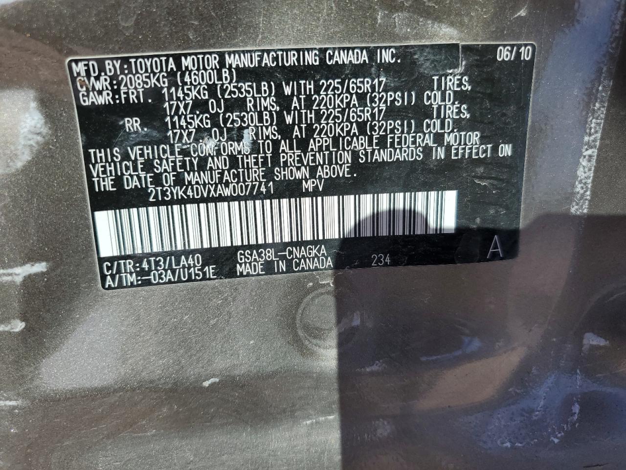 2T3YK4DVXAW007741 2010 Toyota Rav4 Limited