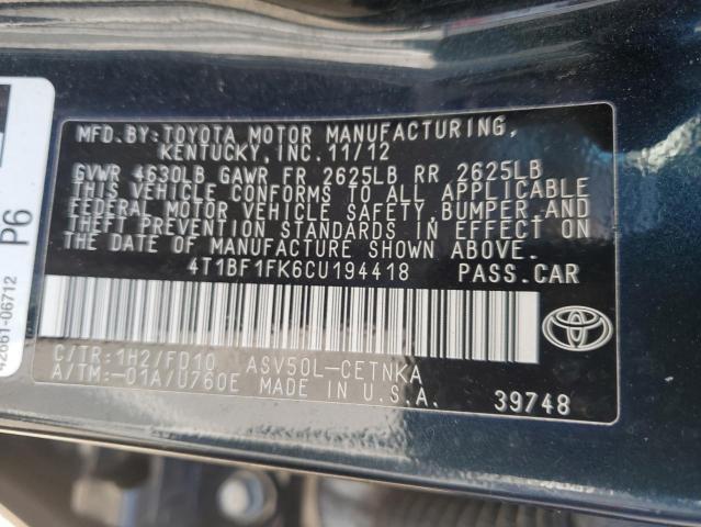 2012 Toyota Camry Base VIN: 4T1BF1FK6CU194418 Lot: 54755454