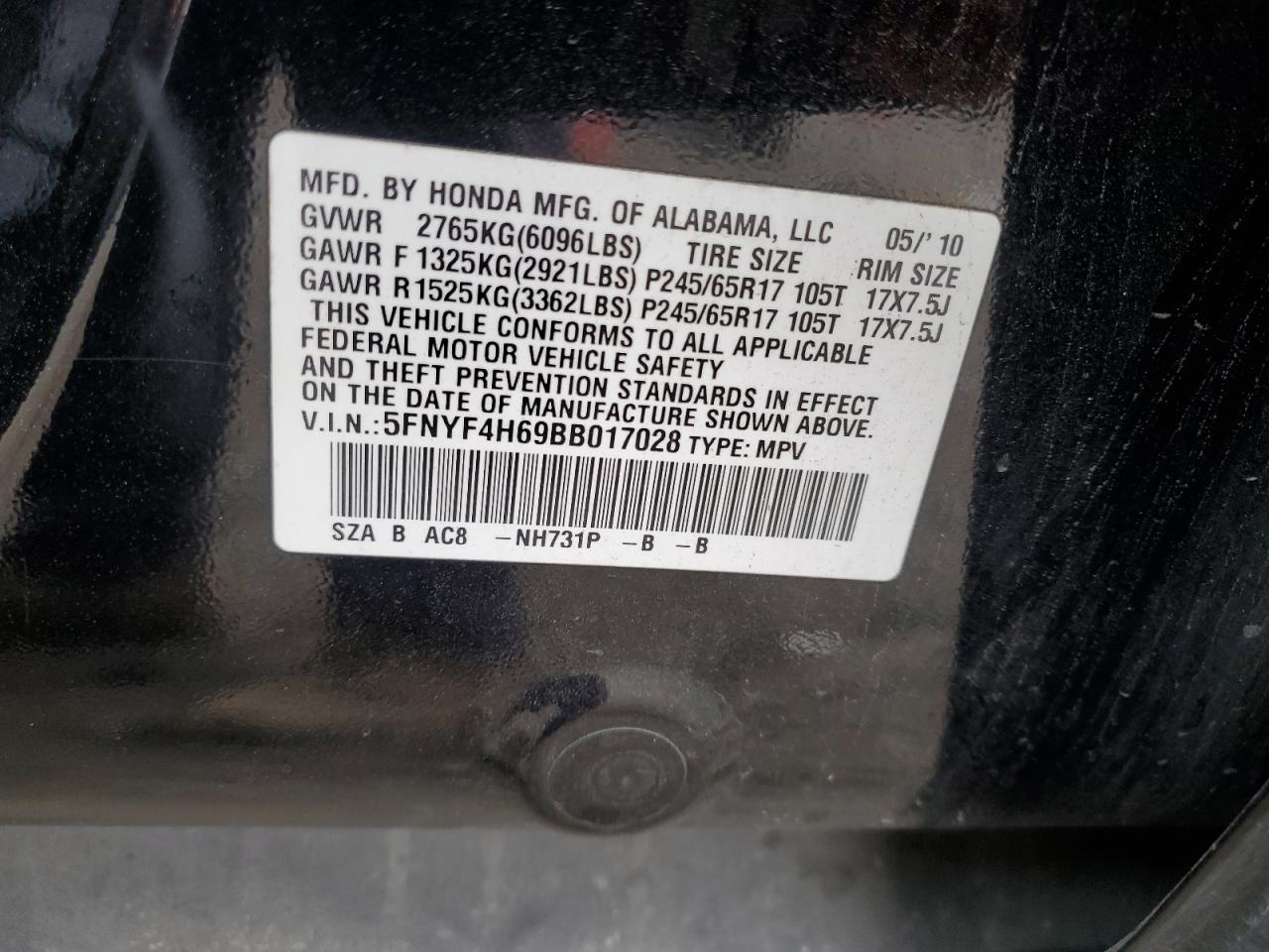 5FNYF4H69BB017028 2011 Honda Pilot Exl